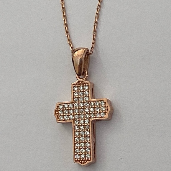 925 Silver cross necklace cz stones 14K rose gold plated